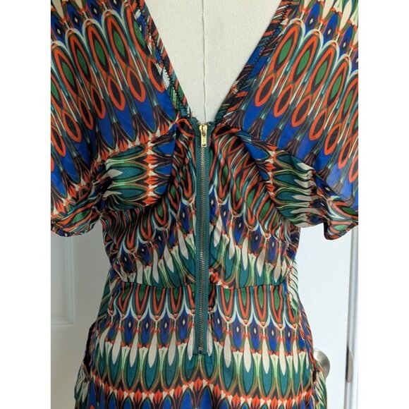 ARYN K Women’s 100% Silk Blouse Flutter Geometric Colorful Festival Aztec Sz S - Picture 7 of 11